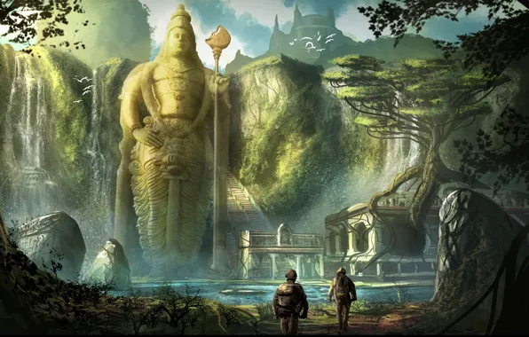 Картинка горы, река, замок, лестница, статуя, forgotten civilization