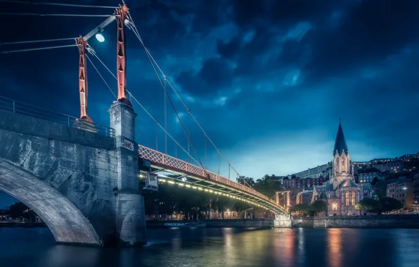 Картинка мост, огни, река, Франция, Лион