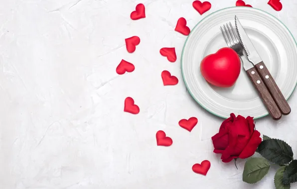 Цветок, любовь, сердце, роза, нож, сердечки, love, вилка