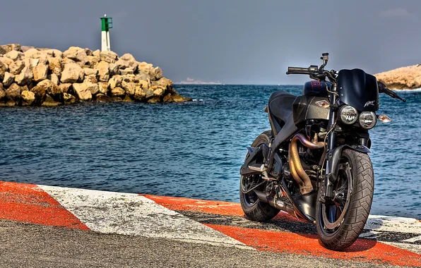 Картинка вода, камни, берег, горизонт, мотоцикл, moto, мото обои, Buell