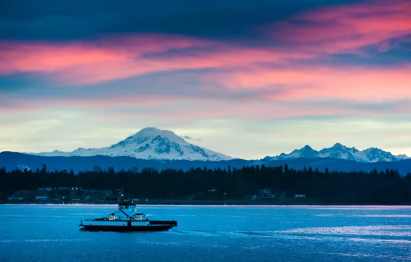 Sunset, mountains, evening, ferry