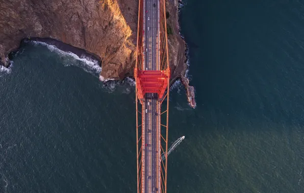 Картинка море, мост, скала, Калифорния, Сан-Франциско, Golden Gate Bridge, вид сверху, California