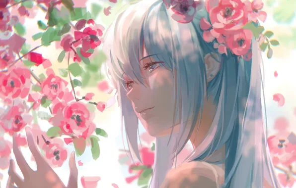 Лицо, рука, весна, vocaloid, Hatsune Miku, плечи, вокалоид, голубые волосы