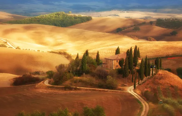 Картинка дорога, деревья, дом, поля, Италия, Тоскана