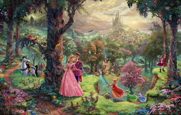 Картинка лес, деревья, парк, замок, дракон, мультфильм, дома, сказка