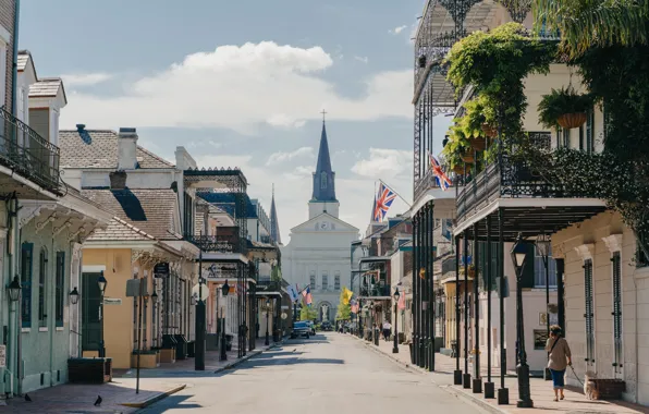 Картинка Дома, Улица, Люди, США, Кафедральный собор, Новый Орлеан, New Orlean, French Quarter