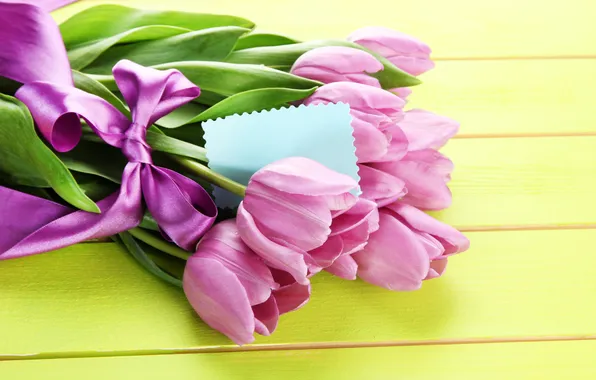 Картинка цветы, букет, лента, тюльпаны, розовые, wood, pink, flowers