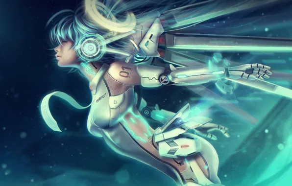 Девушка, крылья, наушники, арт, галстук, профиль, vocaloid, Hatsune Miku