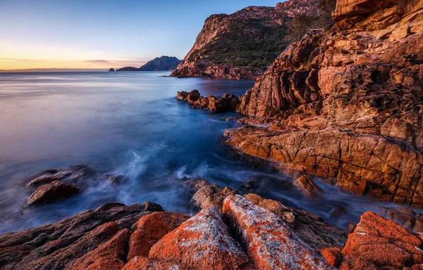 Море, закат, скалы, Tasmania, Freycinet National Park