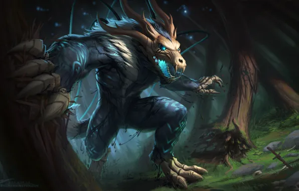 Лес, фантастика, волк, монстр, оборотень, fenrir, bone spirit