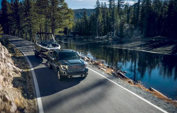 Транспорт, катер, автомобиль, водоём, GMC SIERRA Denali