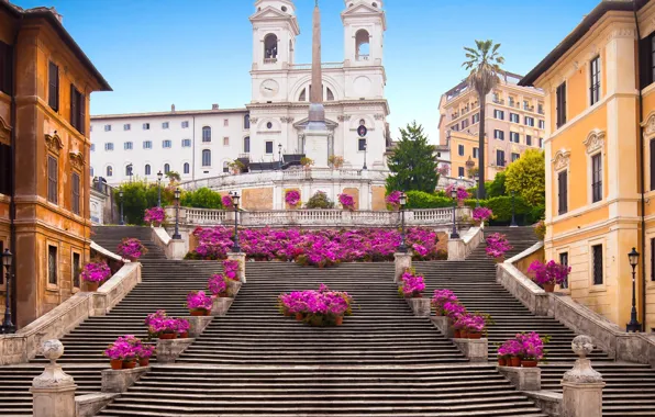 Цветы, дома, Рим, Италия, ступени, Rome, architecture, Испанская лестница
