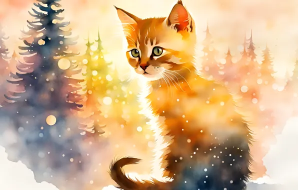 Лес, кошка, взгляд, поза, котенок, рисунок, рыжий, Рождество