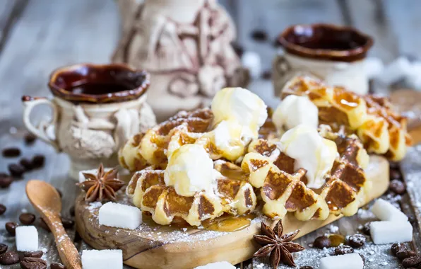 Мороженое, чашки, сахар, вафли, специи, бадьян