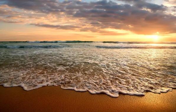 Картинка песок, море, пляж, небо, закат, берег, beach, sea