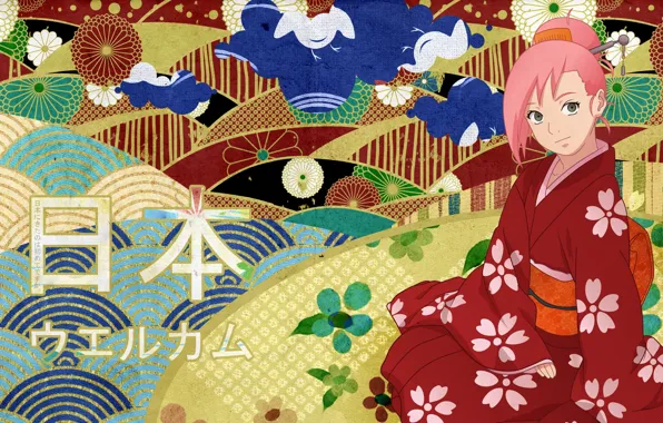 Иероглифы, кимоно, naruto, anime, art, Sakura Haruno