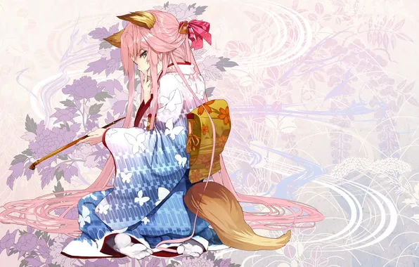Картинка девушка, цветы, аниме, хвост, кимоно, ушки