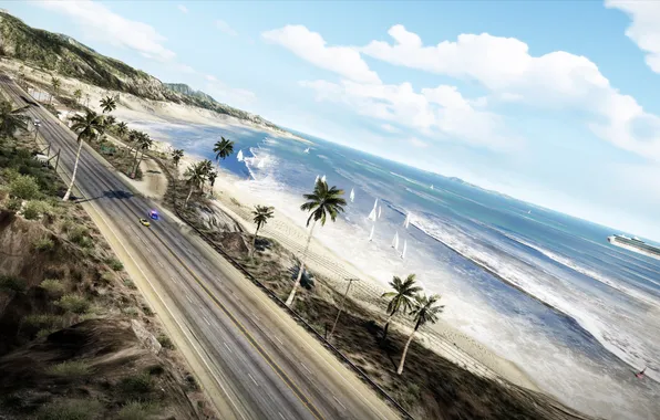 Дорога, пляж, пальмы, океан, трасса, яхта, Need for Speed: Hot Pursuit