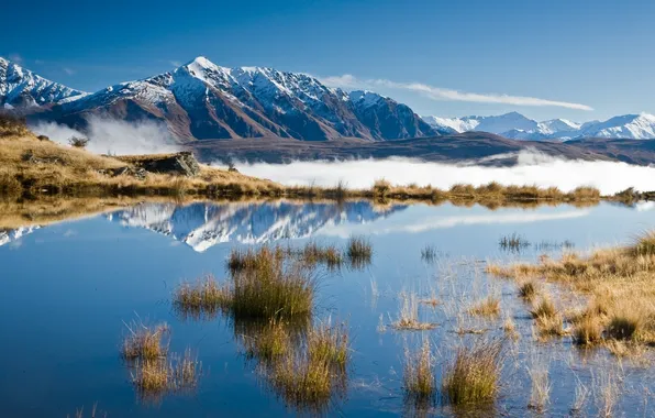 Картинка небо, снег, горы, озеро, отражение, пейзажи, утро, Новая Зеландия