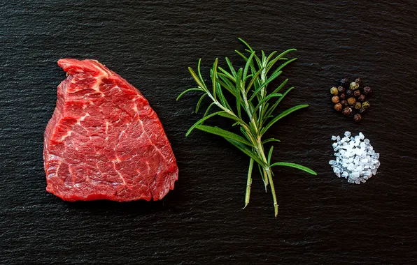 Herb, steak, coarse salt, black pepper