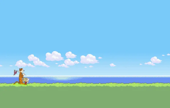 Небо, трава, вода, облака, 8-bit, Calvin and Hobbes, Кельвин и Хоббс