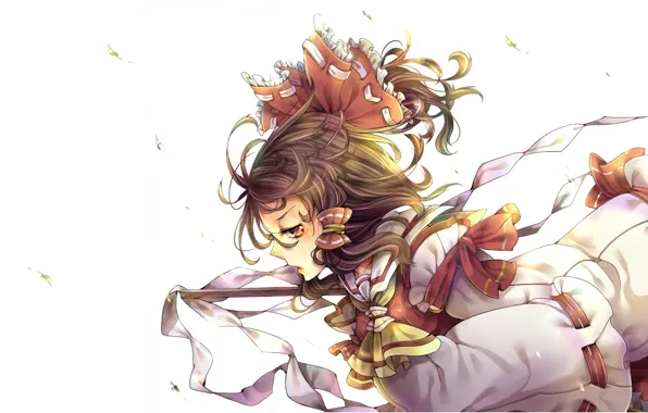 Листья, ветер, магия, лента, белый фон, бант, жрица, touhou