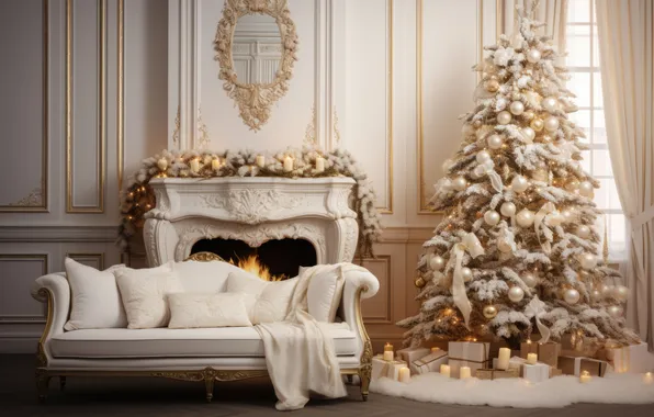 Картинка комната, елка, интерьер, Рождество, Новый год, камин, Christmas, view
