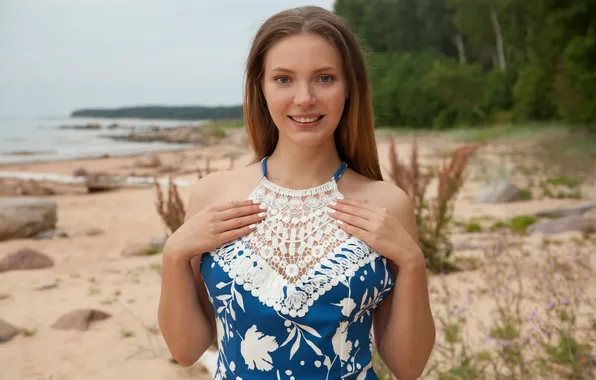 Песок, море, пляж, взгляд, деревья, пейзаж, поза, модель