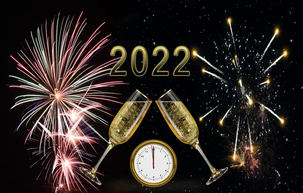 Часы, Салют, Новый год, Чёрный фон, Фейерверк, Бакалы, Шампанское, 2022