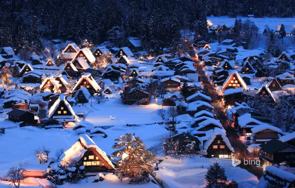 Картинка снег, зима, Гокаяма, Сиракава-го, Япония, огни, ночь, долина, остров Хонсю
