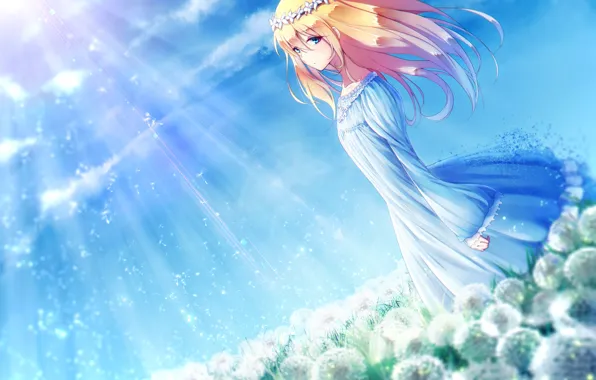 Картинка поле, небо, девушка, солнце, облака, цветы, природа, аниме