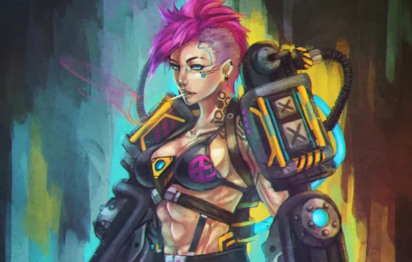 Грудь, девушка, сигарета, lol, cyberpunk, league of legends, Piltover Enforcer