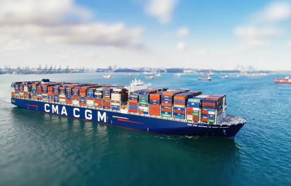 Обои Море, Борт, Суда, Судно, Контейнеровоз, Рейд, CMA CGM.