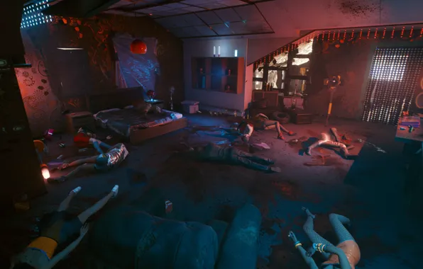 Кровь, Трупы, вечеринка, Cyberpunk 2077, Night city 2077, Киберпсихоз, 6 улица