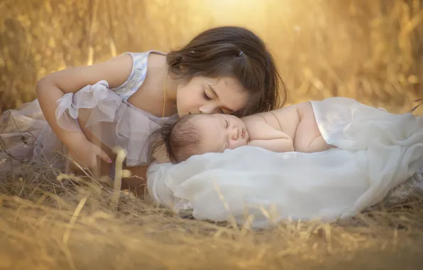 Картинка трава, природа, дети, поцелуй, девочка, младенец