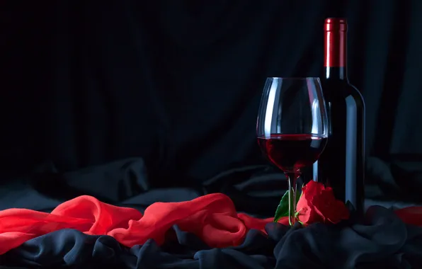 Цветок, вино, бокал, роза, бутылка, ткань, чёрная, красная