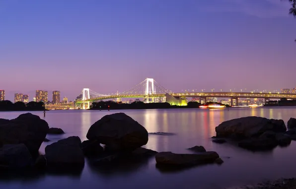 Картинка мост, огни, вечер, Япония, Токио