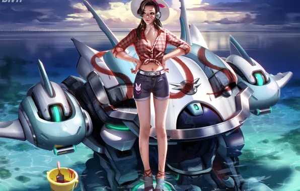 Картинка шляпо, рубашка, overwatch, море, шорты, D.Va, вода, девушка, лето, Hana Song, небо, робот, облака