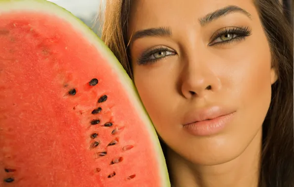 Red, brown hair, fruit, sexy woman, watermelon, posing, Jackie, closeup