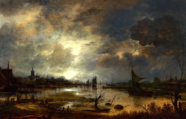 Пейзаж, ночь, лодка, картина, парус, Арт Ван дер Нер, Aert van der Neer, Река возле …