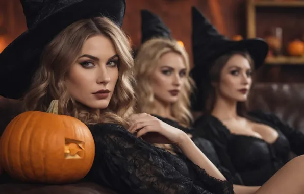 Картинка Halloween, girls, blonde, pumpkin, witches, decolette, Aleksandr Semanin