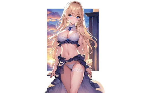 Girl, hot, pantsu, panties, dress, boobs, sunset, anime