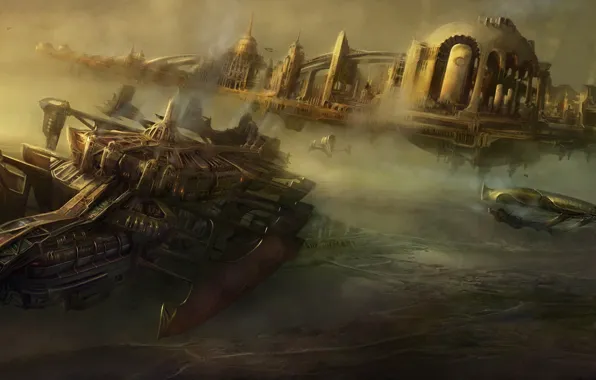 Картинка город, транспорт, корабли, арт, стимпанк, Steampunk