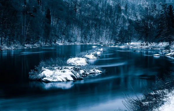 Картинка зима, снег, деревья, река, Германия, Бавария