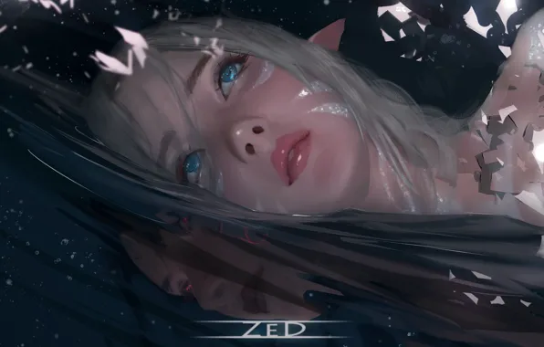 Картинка вода, девушка, свет, отражение, тьма, эльф, фэнтези, by ZED