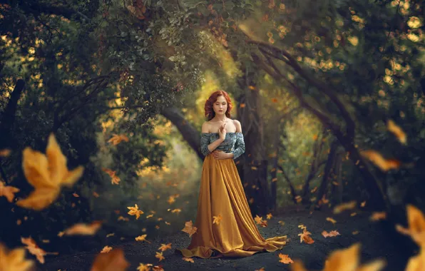 Листья, девушка, природа, поза, парк, рыжая, Jessica Drossin
