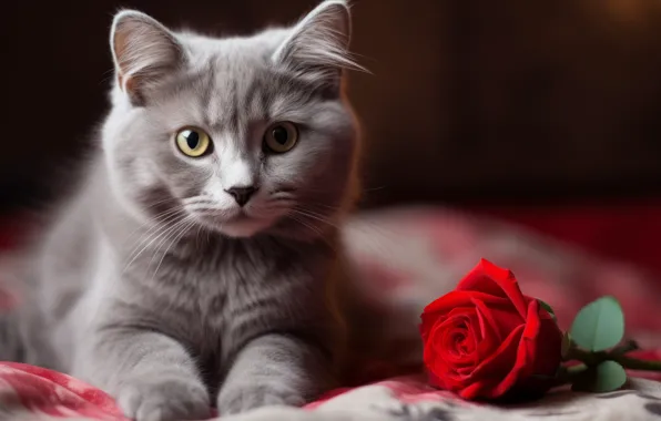 Кошка, цветок, взгляд, поза, темный фон, котенок, серый, роза