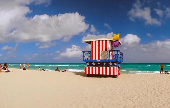Море, пляж, Майами, станция, Флорида, спасатели, South Beach, Lummus Park