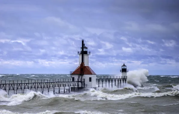 Море, волны, небо, маяк, Флорида, waves, USA, sky
