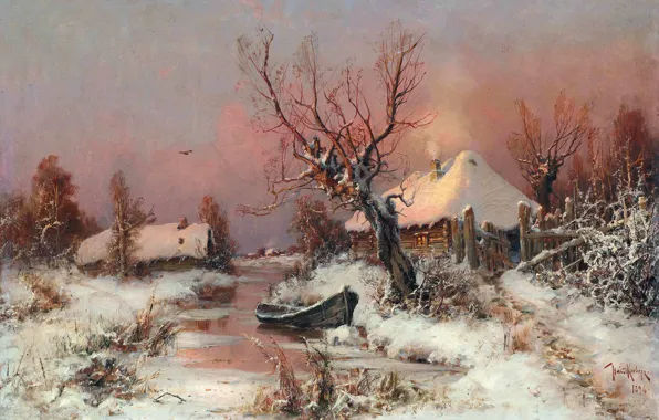 Картинка зима, небо, свет, снег, дом, река, дерево, птица
